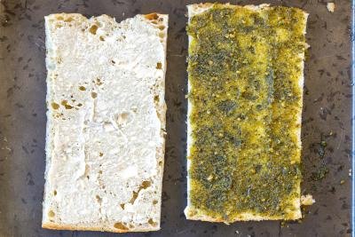 mayo and pesto added to focaccia bread
