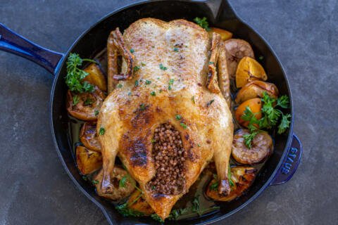 Baked duck with buckwheat stuffing.