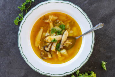 A bowl with Wild Mushroom Soup.