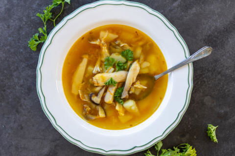 A bowl with Wild Mushroom Soup.