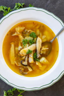 Wild Mushroom Soup in a serving bowl.