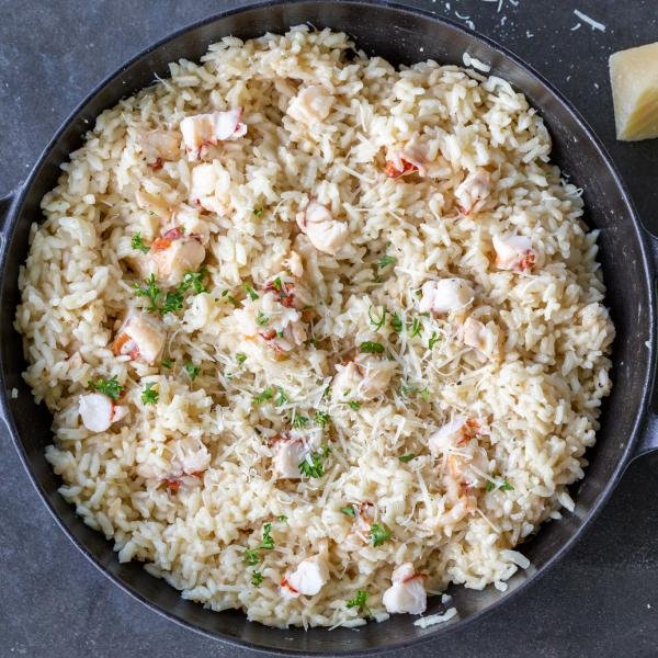 Lobster risotto in a pan.