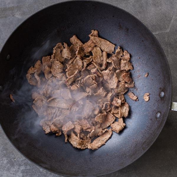 Cooked Steak in a wok