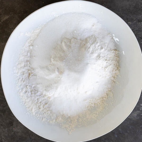 Dry ingredients for scones in a bowl.