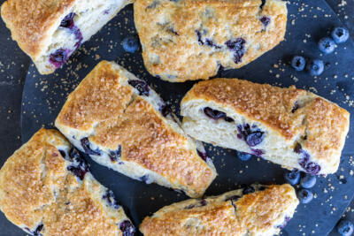 Baked scones on a serving tray.