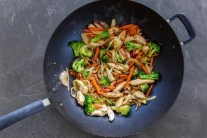 Veggies with chicken in a wok with sauce