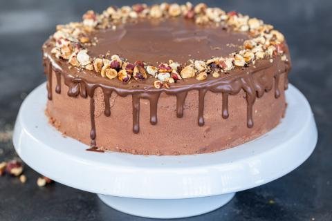 Chocolate Hazelnut Cake on a cake stand.