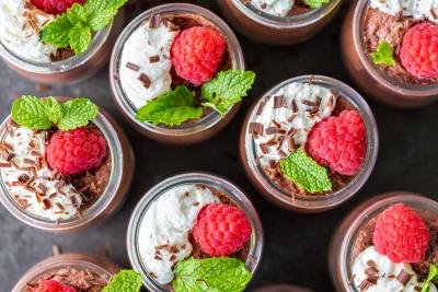 Chocolate Mousse with berries and mint.