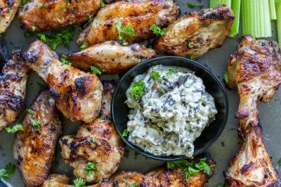 Grilled Chicken Wings with dipping sauce.