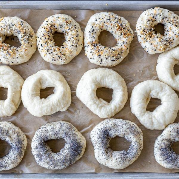 Bagels on baking sheet.