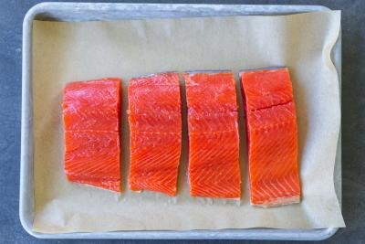 Salmon on a baking pan.