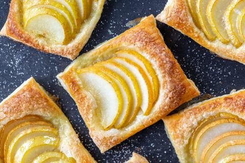 Puff Pastry Pear Tartlets on a servings tray