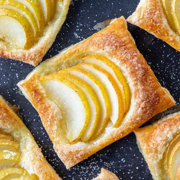 Puff Pastry Pear Tartlets on a servings tray
