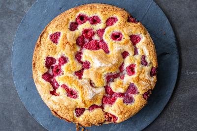 The Easiest Raspberry Coffee Cake on a tray.