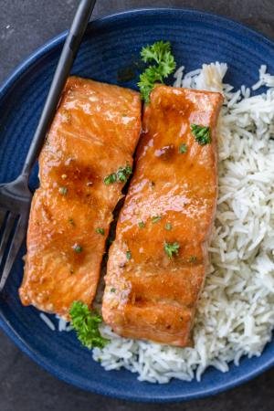 Baked salmon on top of rice on a plate.