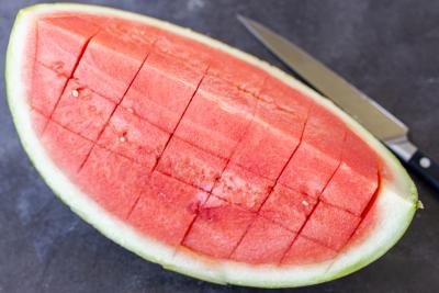 Quoter watermelon cubed into pieces.