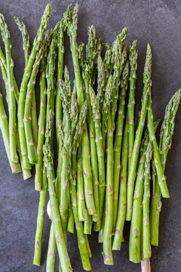 Asparagus on a counter. 