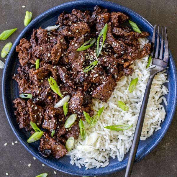 Korean beef bulgogi on a plate with rice