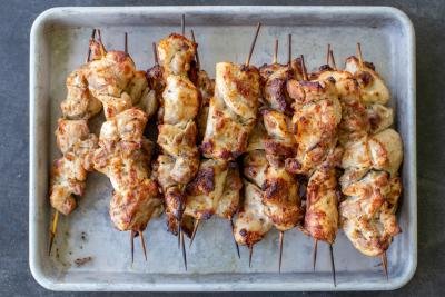 Oven baked chicken kabobs.