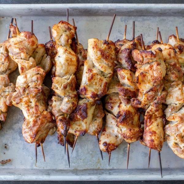 Oven baked chicken kabobs.