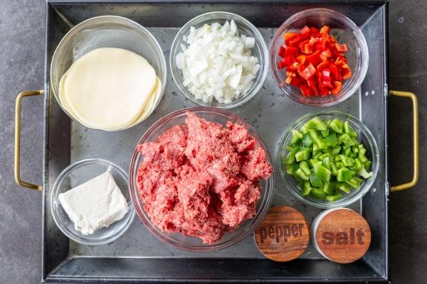 Ingredients for Philly Cheesesteak Casserole.