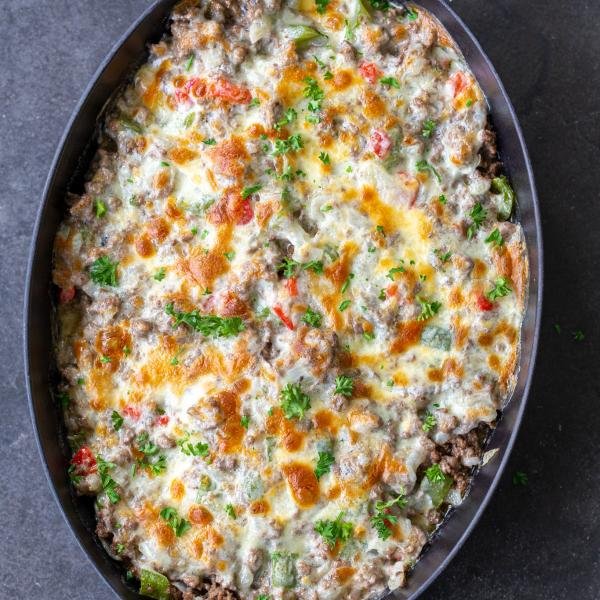 Baked Philly Cheesesteak Casserole.