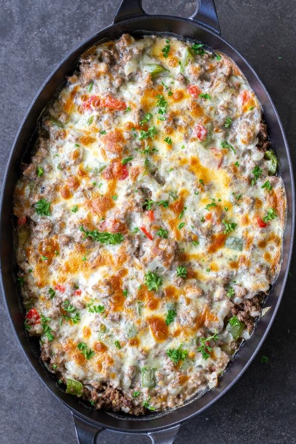 Baked Philly Cheesesteak Casserole. 