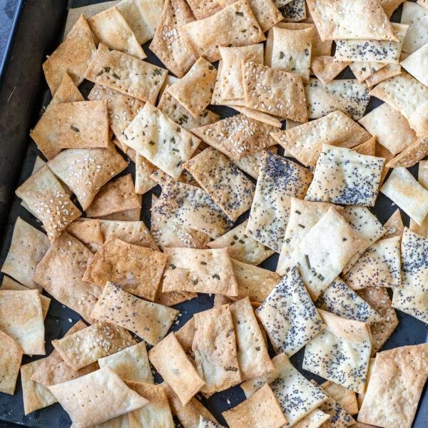 Variety of Sourdough Crackers on a tray.