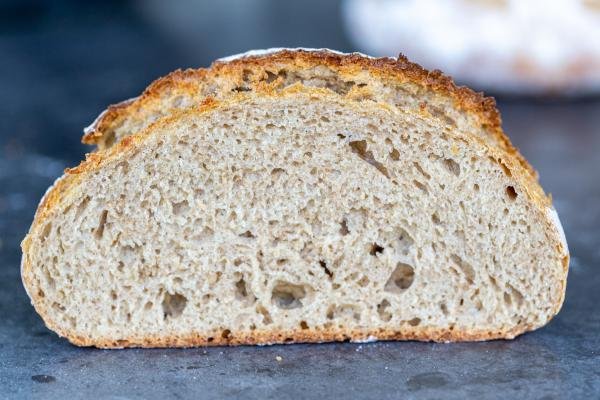 Sliced open sourdough bread.