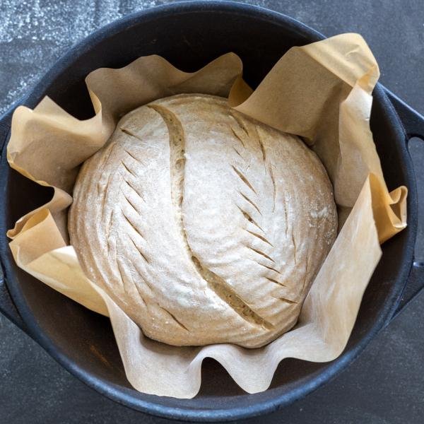 Bread with parchment paper in a pot.