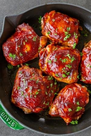 Baked BBQ Chicken in a baking pan.