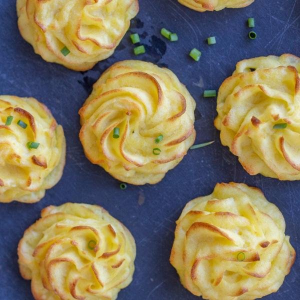 Duchess Potatoes on a serving tray.