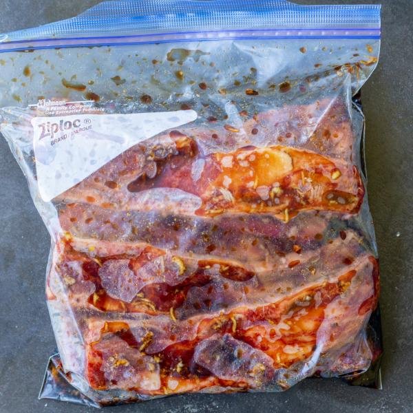 Marinating Grilled Beef Galbi in a bag.