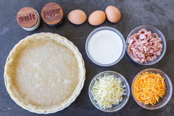 Ingredients for Ham and Cheese Quiche.