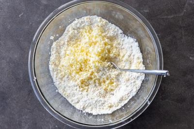 Dry ingredients combined with grated butter.
