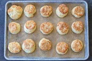 Baked sourdough biscuits on a baking sheet.