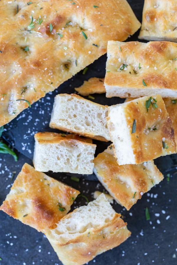 Sliced Focaccia with salt and other herbs. 