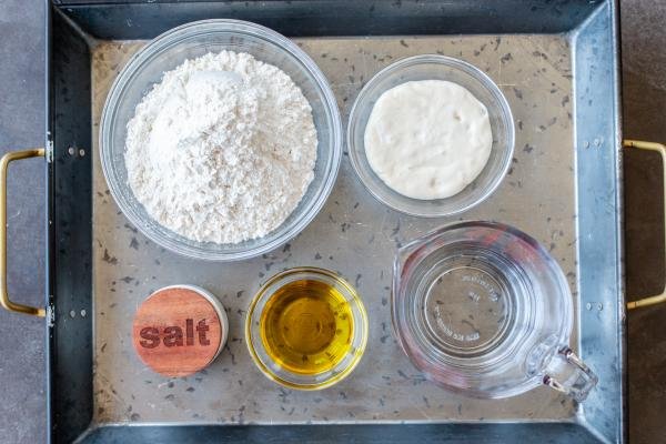 Ingredients for the sough-dough pizza crust.