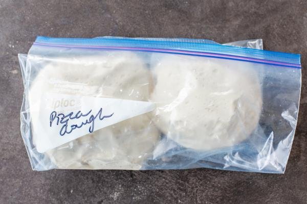 Pizza dough in a ziplock bag.