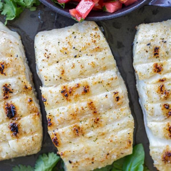 Grilled halibut with pico and lemon.