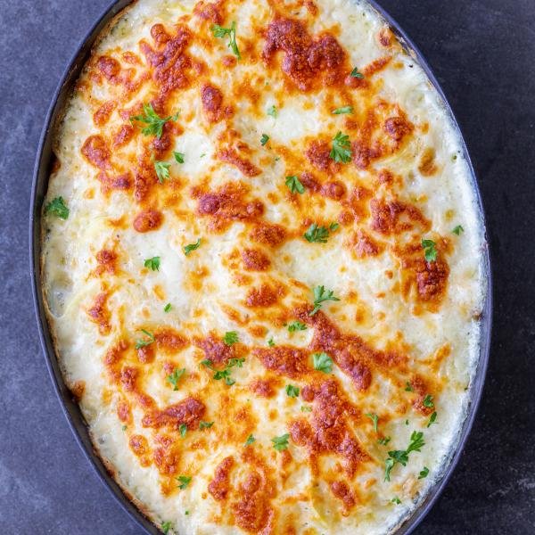 Baked Scalloped Potatoes in pan.