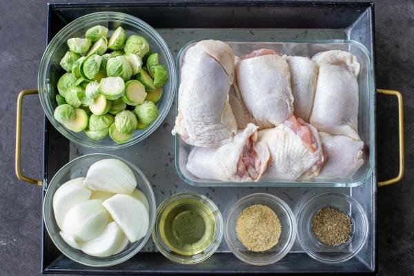 Ingredients for Sheet Pan Chicken Thighs with Veggies.