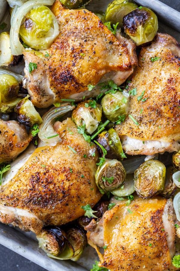 Sheet pan with Chicken Thighs with Veggies.