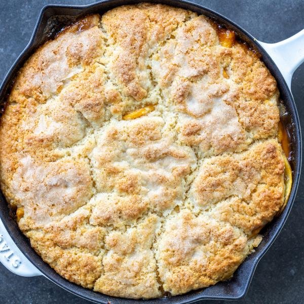 Southern Peach Cobbler in a pan.