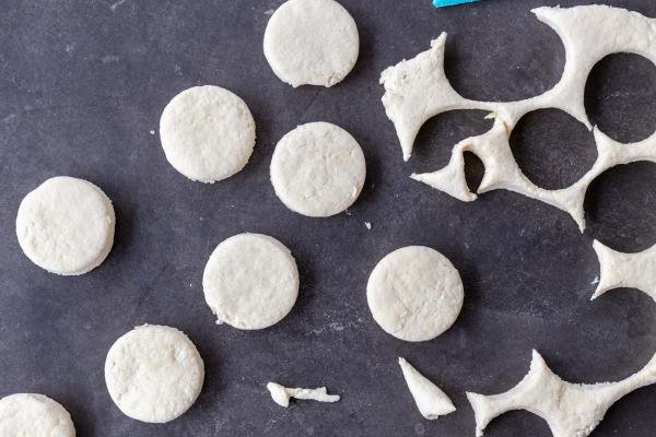 Cut out biscuits on a tray.