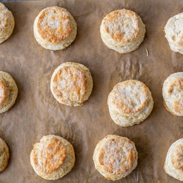 Baked Biscuits on a baking sheet.