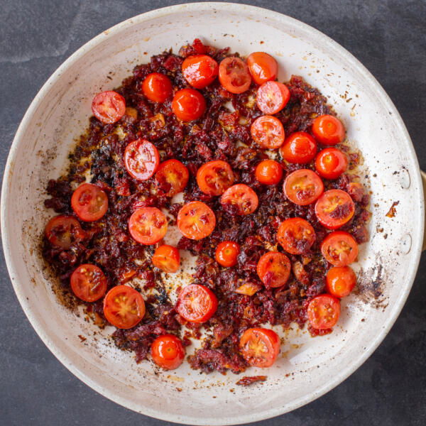 Sun dried tomatoes and fresh tomatoes.