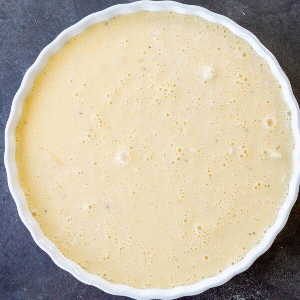 Crustless Quiche in a baking pan before baking.
