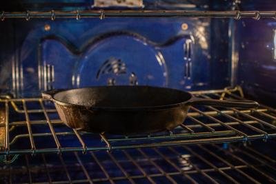Cast iron preheating in an oven.