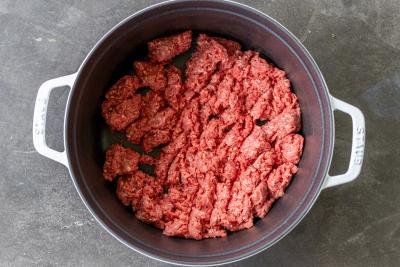 Ground beef in a pot.